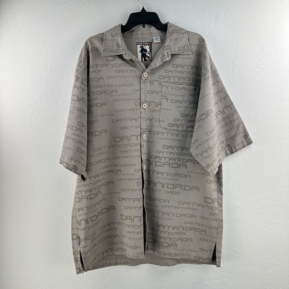 Y2K Damani Dada Button Up Shirt XL Linen Blend AOP LOGO Gray Brown Oversized